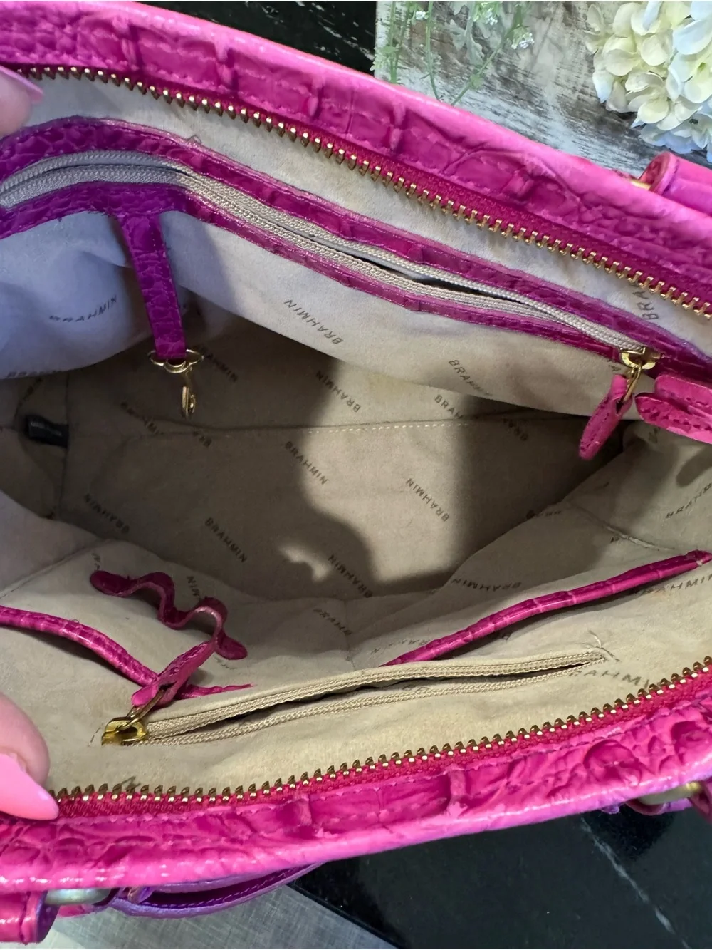 🩷🐊Brahmin Mini Asher Satchel Fuchsia Croc Embossed Leather Crossbody Pink